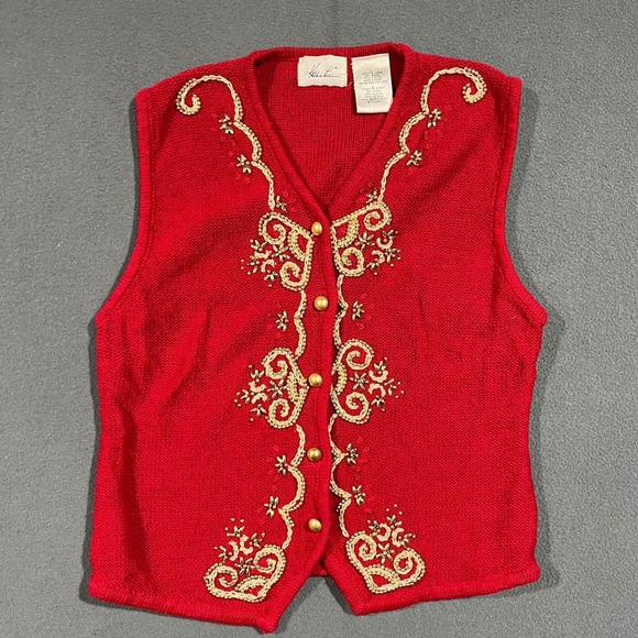 Vintage Kathie Lee Ladies Sweater Vest Large Red Gold Beads Embroidered Holiday - Picture 1 of 7